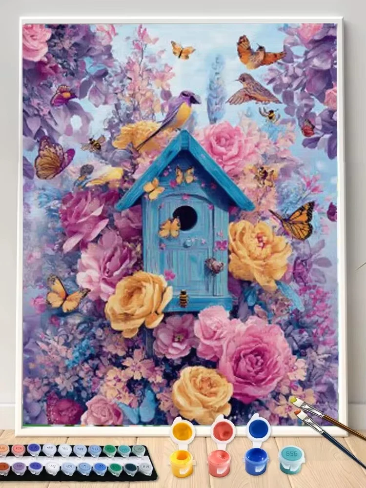 Painting By Numbers Kit DIY A Cottage with Flowers and Birds Canvas Art Hand Painting HomeDecoration Challenging Difficulty Gift