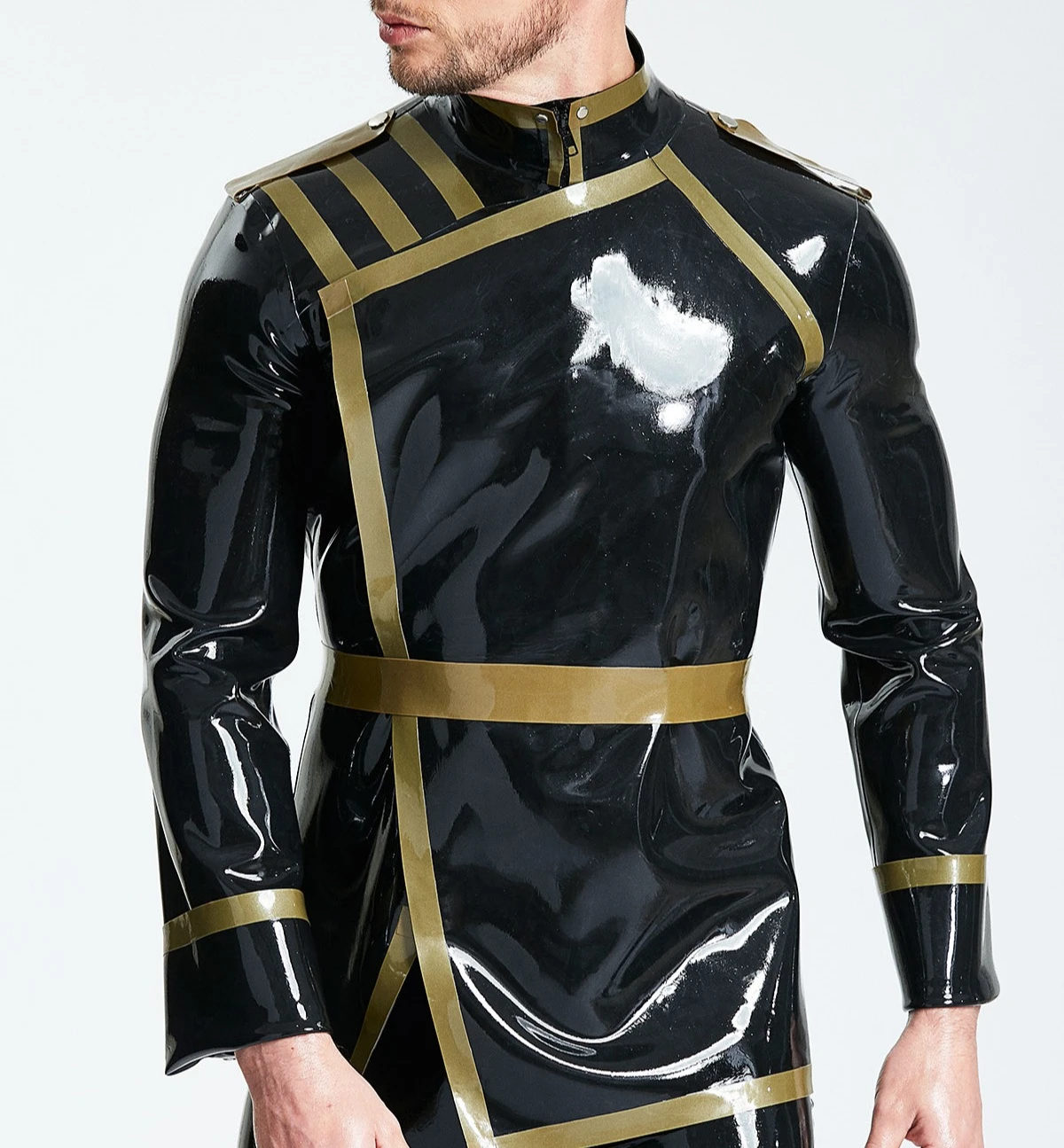 

customized rubber black latex jacket with gold stripes military style skin tight latex coat outerwear fashion latex clubwear