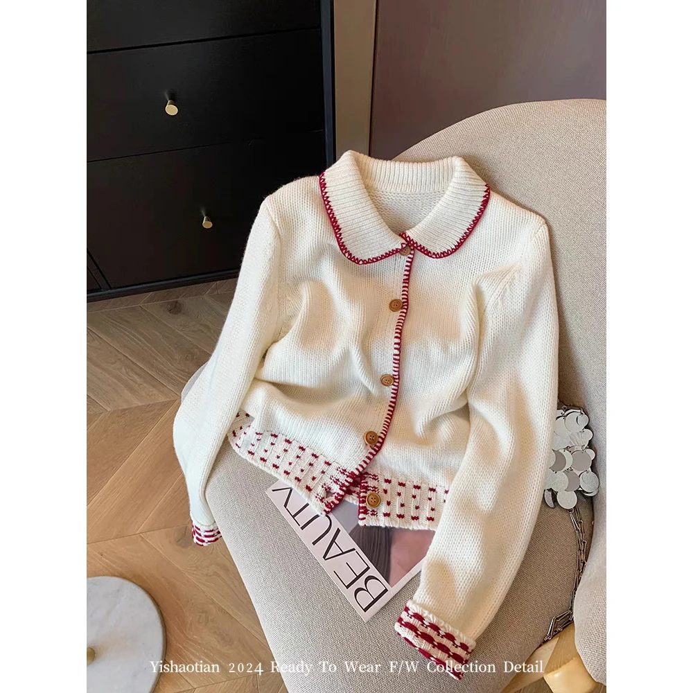 

Women's Peter Pan Collar White Cardigan Knitwear Long Sleeve Knit Sweater Vintage Y2k Sweater 2000s Cutecore Clothes Autumn 2025