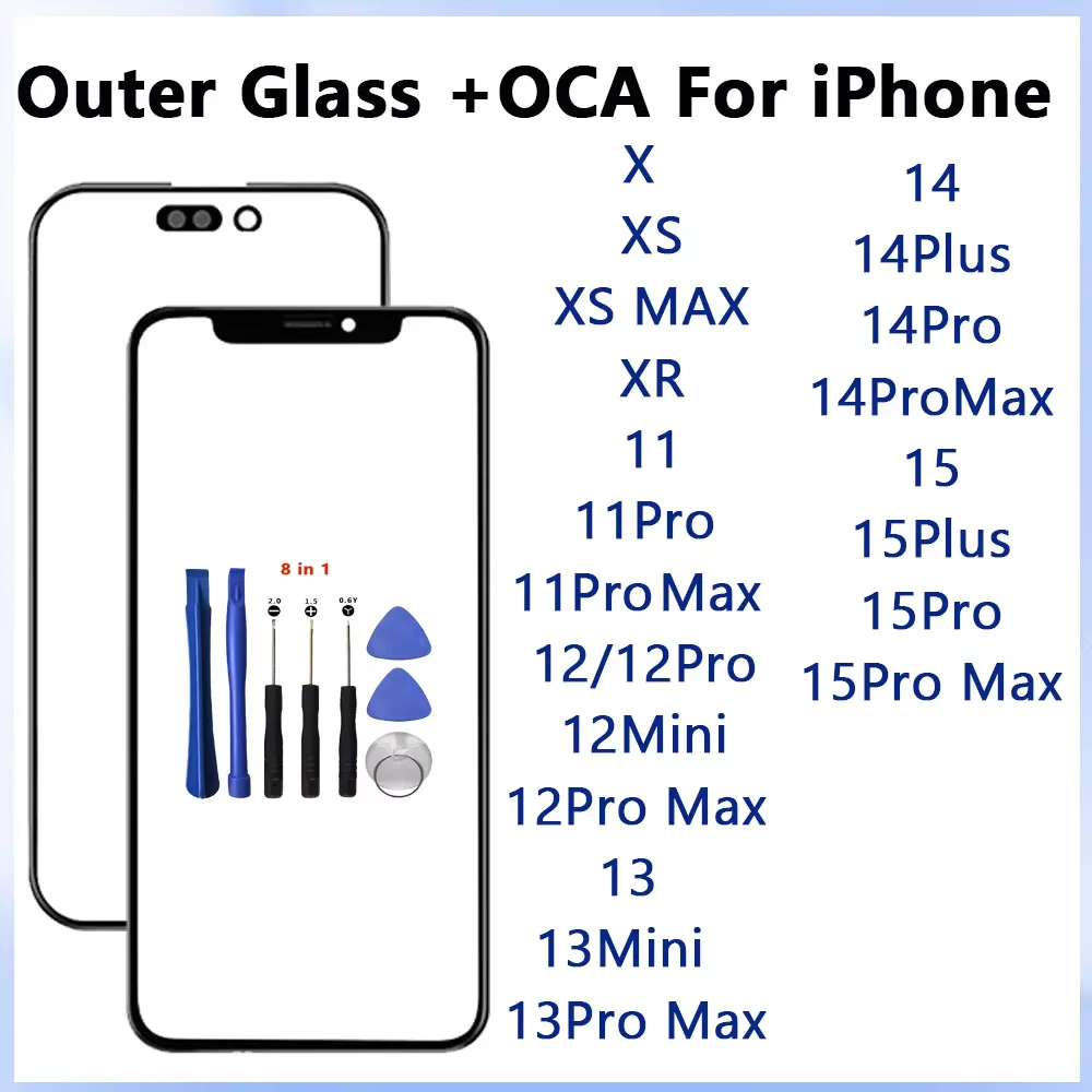 

For iPhone X XS XR Max 11 Pro Max 12 13 14 15 Mini Pro Outer Glass with tools 1pcs Front outer Screen Touch Glass+OCA