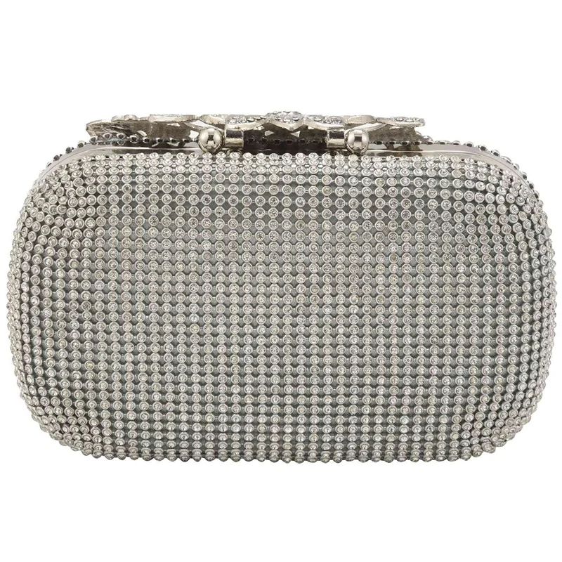 Unique Clasp Silver Diamante Crystal Diamond Evening Bag Clutch Purse Party Bridal Prom