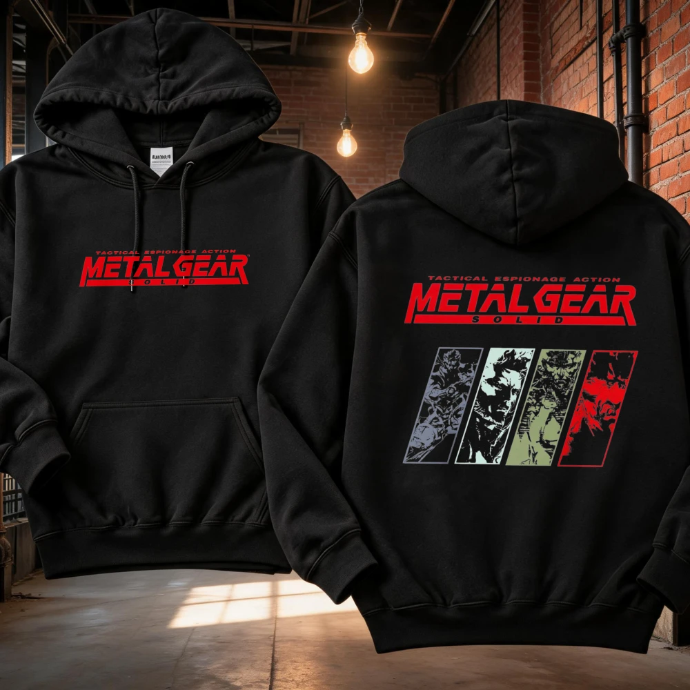 Men Metal Gear Solid Snake Front Back Print Hoodie Pullover Sweatshirt Retro Game Character Casual Streetwear Gamer Gift Hoodie