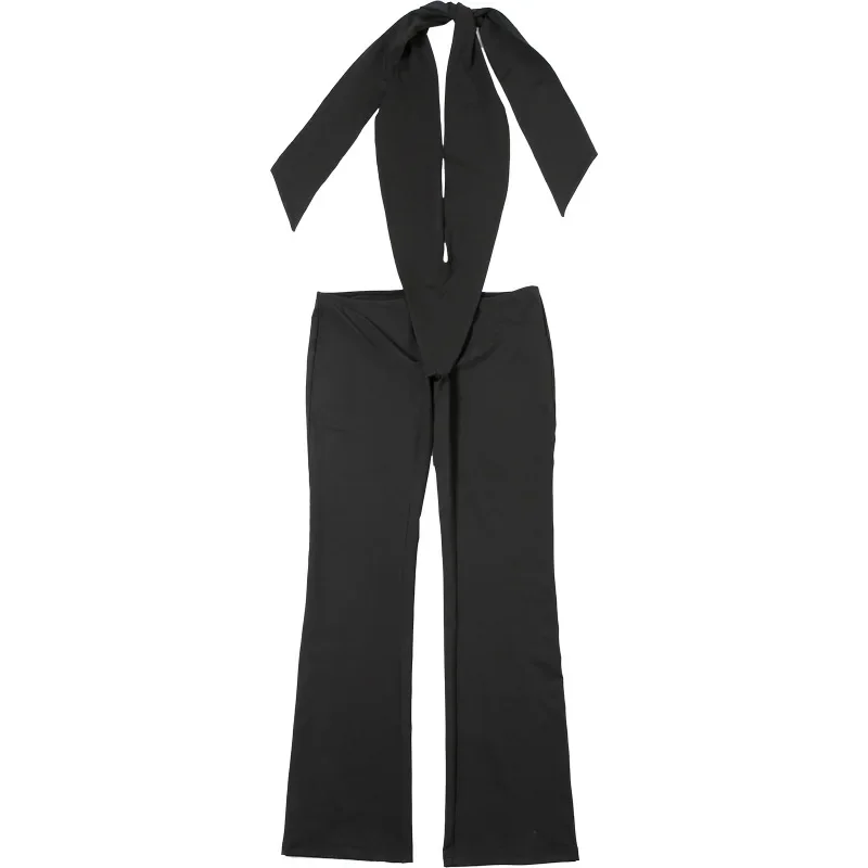 Jumpsuit Punggung Terbuka Halter Berenda Solid Seksi Wanita Overall Pesta Klub Ramping Hipster Pinggang Rendah Tanpa Lengan Leher V Dalam Mode