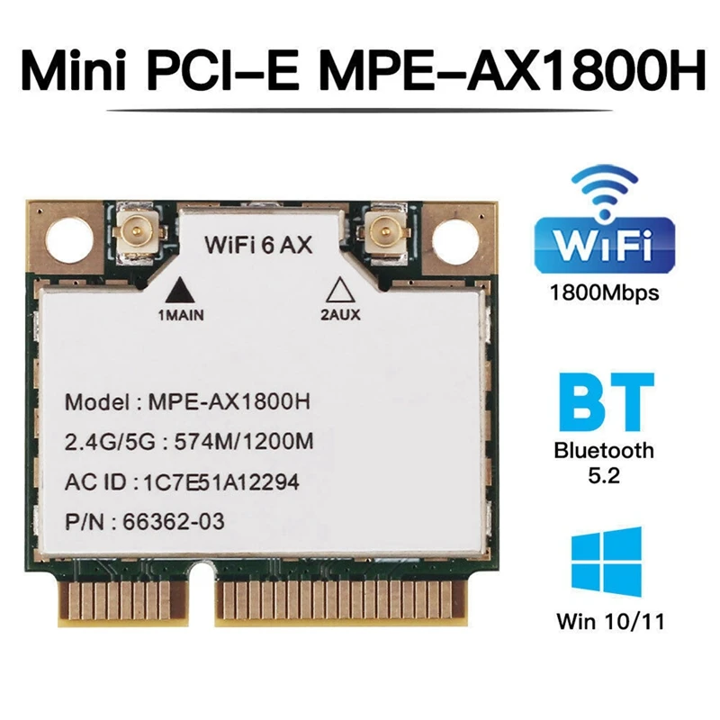 MPE-AX1800H Wifi6 MT7921 MINI PCI-E 2.4G/5G 574Mbps/1200Mbps Gigabit Dual Band Internal Wireless Network Card BT5.2