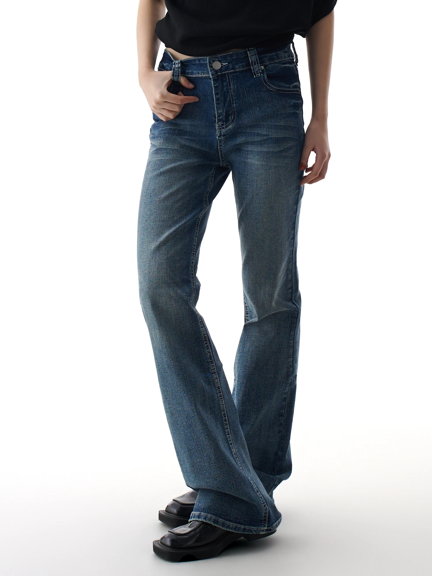 

American Retro Flared Jeans Women's Spring New Elastic Slimming Narrow Version Sexy Casual Long Pants Blue Cotton Denim