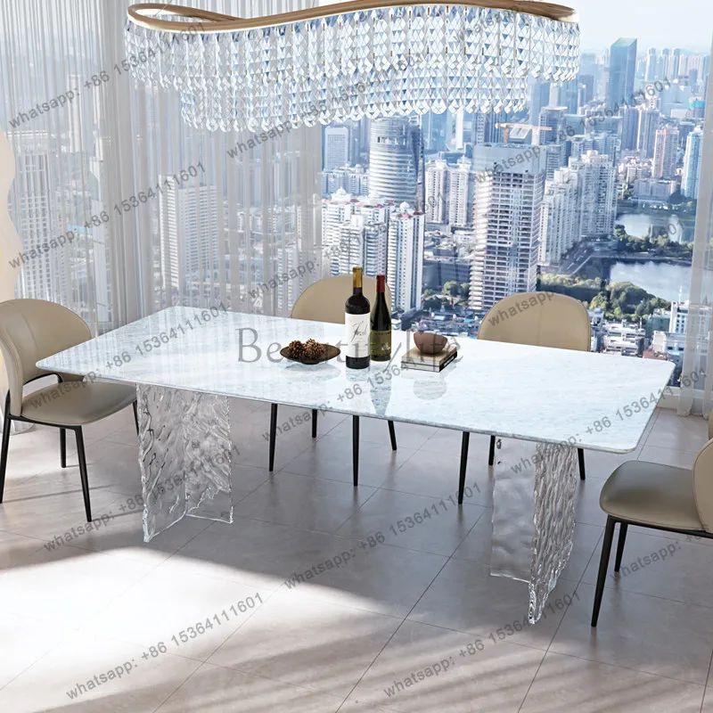 

Natural blue crystal luxury stone dining table household rectangular marble dining table high-end acrylic