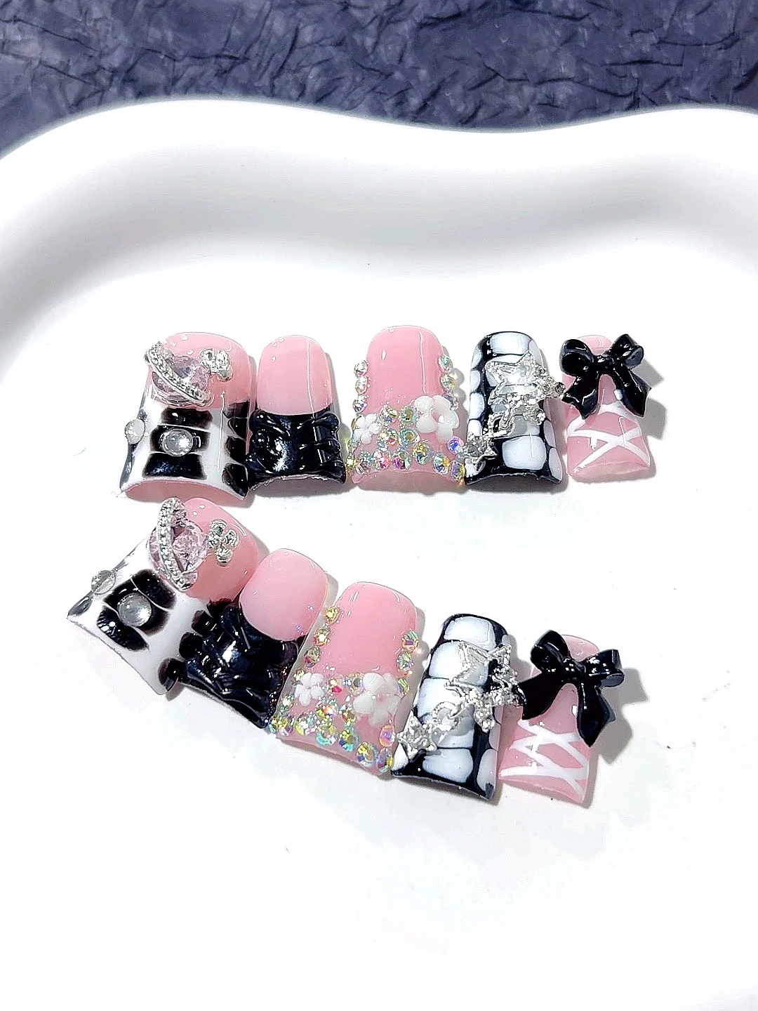 Roze zwarte strik strass raster pers op nagels (L225)