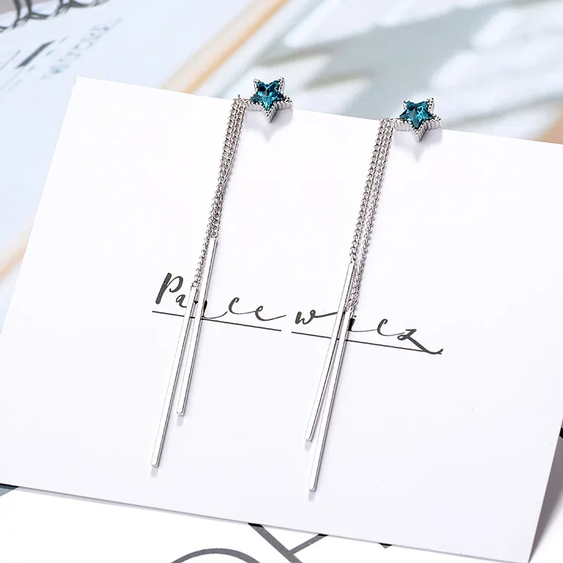 Personality Female Earring 925 Sterling Silver Asymmetric Blue Star Long Tassel Ear Line Earrings for Women Wedding Jewelry Gift