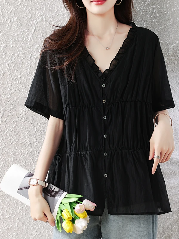

Women's Loose Short Sleeve V-Neck Comfortable Pleated Top Fashionable Versatile Summer Cotton Blend Lace Shirt