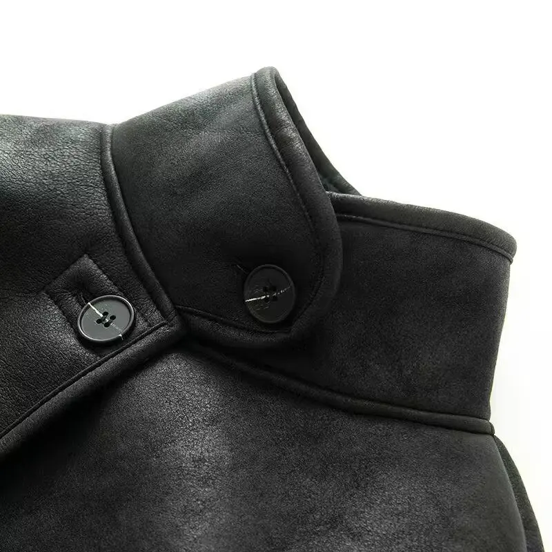 DiYiG WOMAN 2025 Zimowa Nowa Moda Kurtka ze Sztucznej Skóry Elegancka Klapa Uniwersalny Guzik Długi Rękaw Kurtka Odzież Wierzchnia Mujer