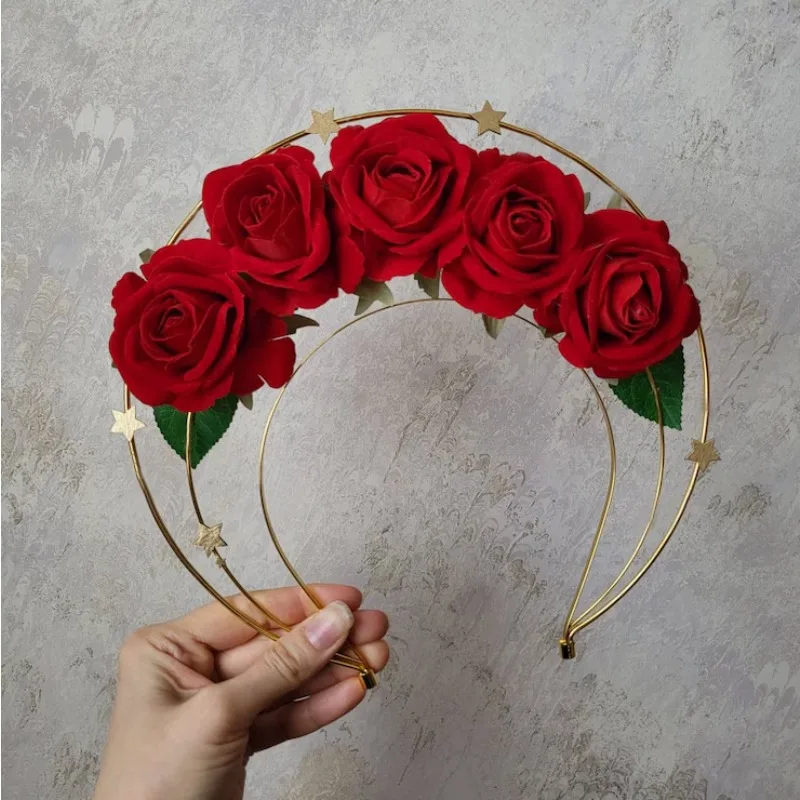 

RED Rose Halo Crown with Flowers and Stars Floral Gold Headband Irish Gift Princess Celestial Bridal Veil