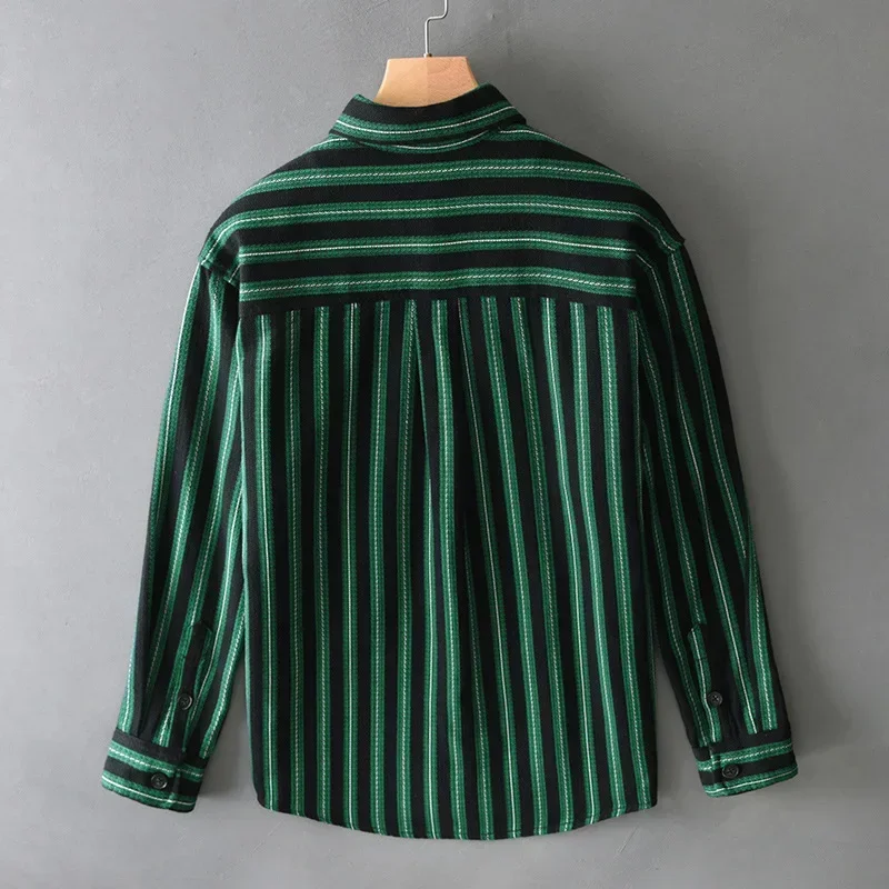 New Mens Long Sleeve Striped Shirts Japanese Vintage Shirt Men Spring Fall Daily Casual Shirts Double Pockets Loose Top Youth
