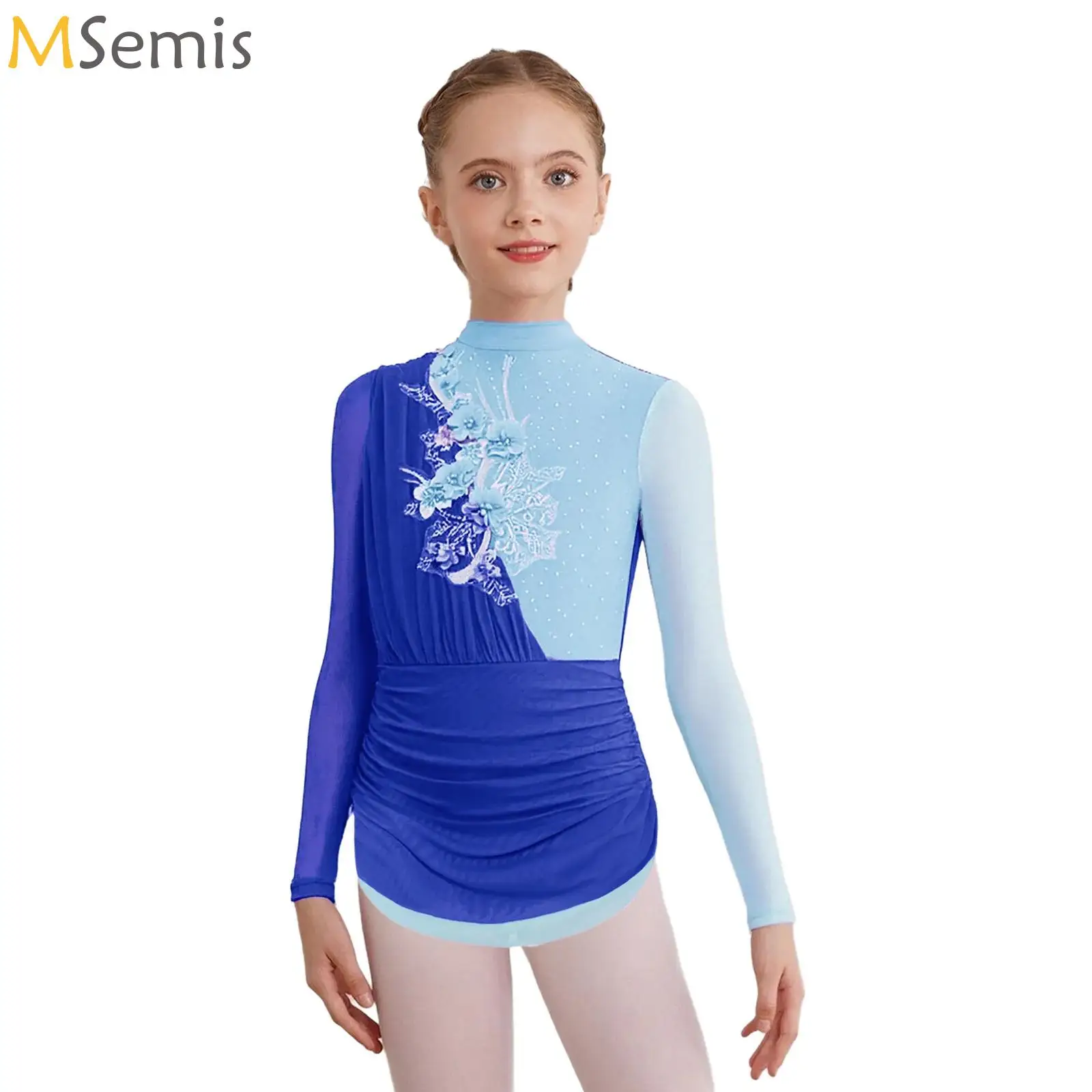 

Kids Girls Gymnastics Artistic Figure Skating Ballet Dance Performance Costume Sheer Mesh Long Sleeves Dance Leotards Tutu Dress