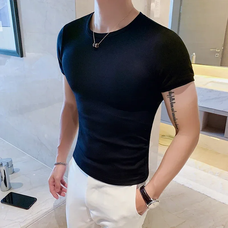 Plus Size 4XL-M Summer Round Neck Tops Men Thin Slim Fit T-shirt 2022 New Solid Color Short Sleeves Cotton Tee Shirt Homme