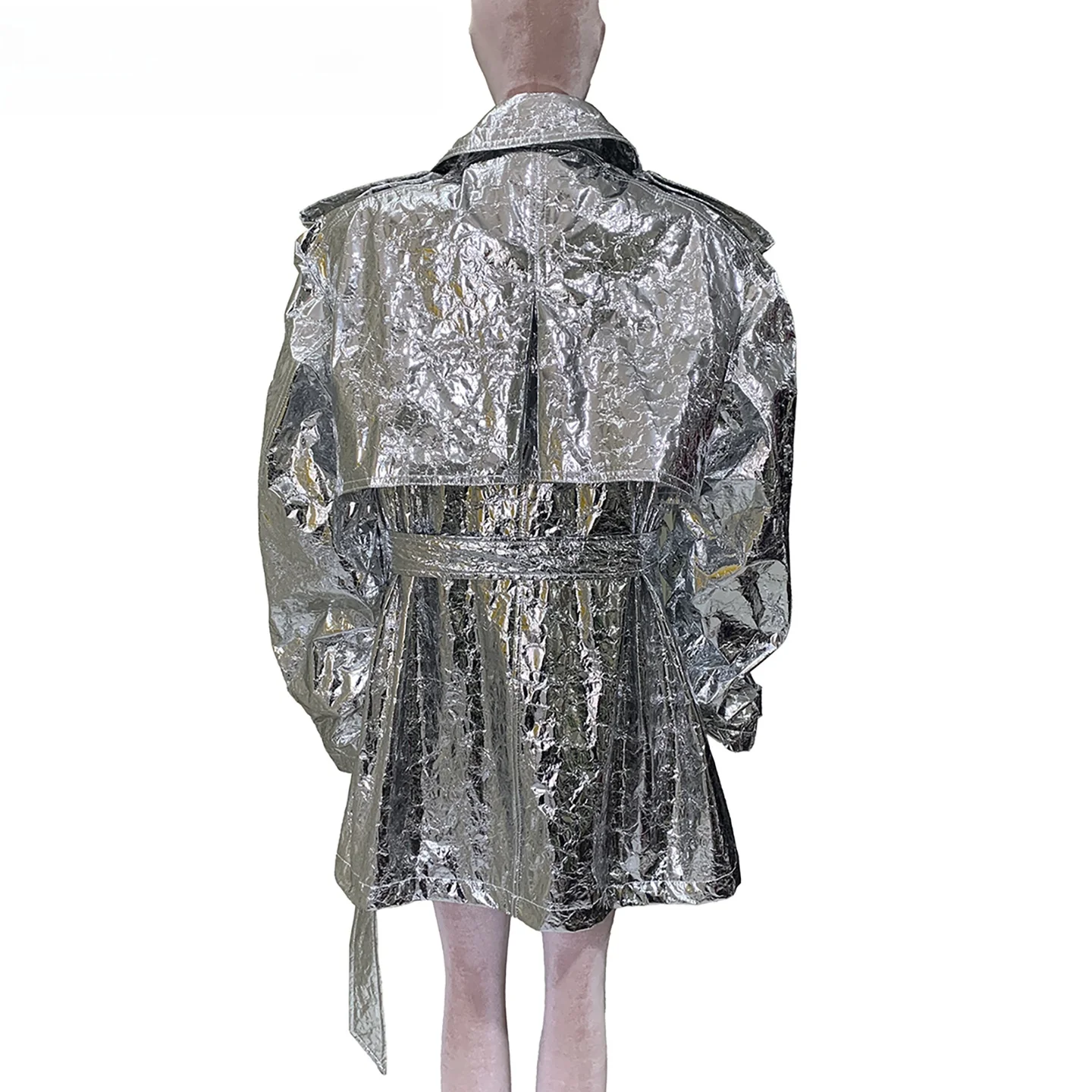 

Nerazzurri Oversize Silver PU Leather Jacket Women's Style Cool Wind High Gloss Surface Straight Tube Type Long Sleeve Coat
