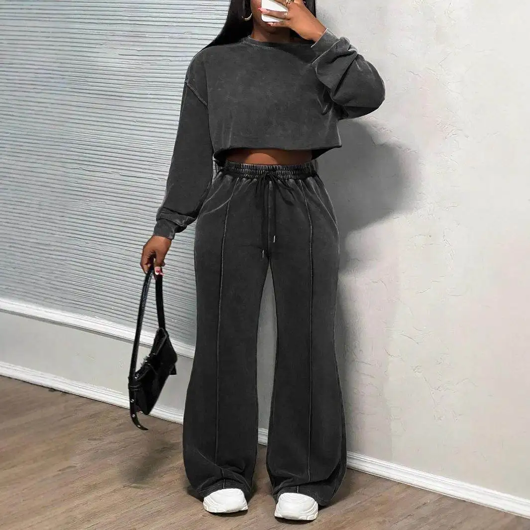 

Faionable Long Sve Waed Sweatirt Set Spring Autumn Women's Casual Sportswear Leisure mid Waist PVC Fabric Pants