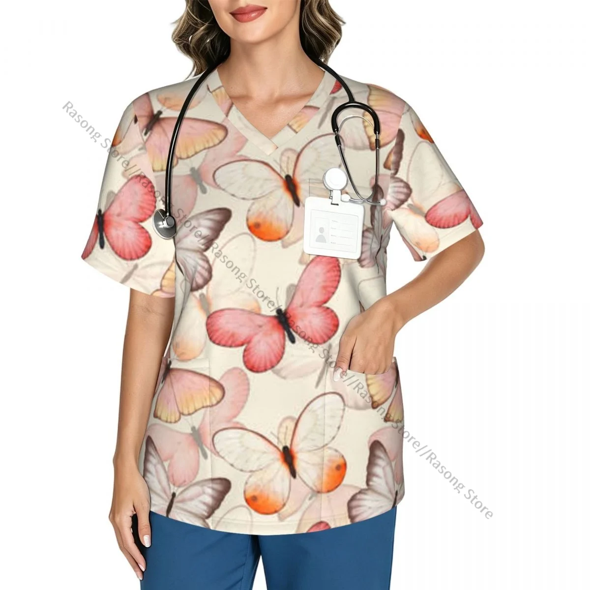 Women Scrubs Blouse Medical Nurse V-neck Clinical Scrubs Top Watercolor Tropic Butterfly Pattern Operating Room Work T-shirt