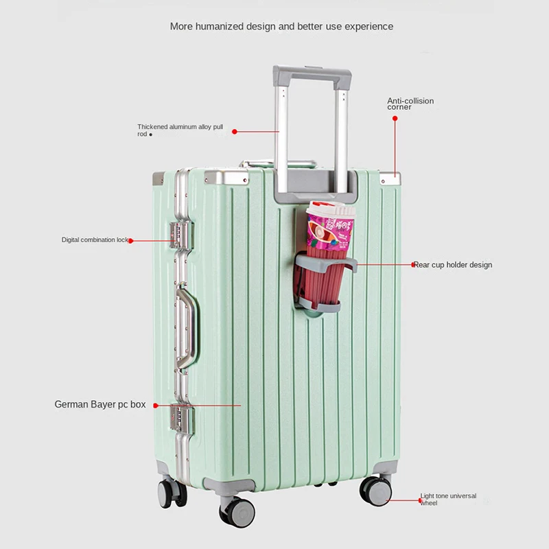 Valise à roulettes avec cadre en aluminium pour hommes et femmes, sacs de grande capacité, porte-gobelet, sac de voyage, valise d'embarquement avec mot de passe, étudiant