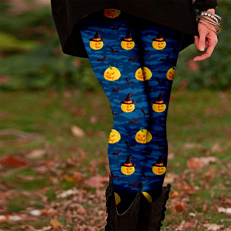 Leggings elastici per ragazze a tema Halloween - neri con disegno di zucca arancione e pipistrello, morbido poliestere, lavabili in lavatrice - perfetti