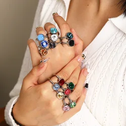 Stainless Steel Vintage Square Big Zircon Finger Rings for Women Trendy Waterproof Multicolor Crystal Ring Wedding Jewelry
