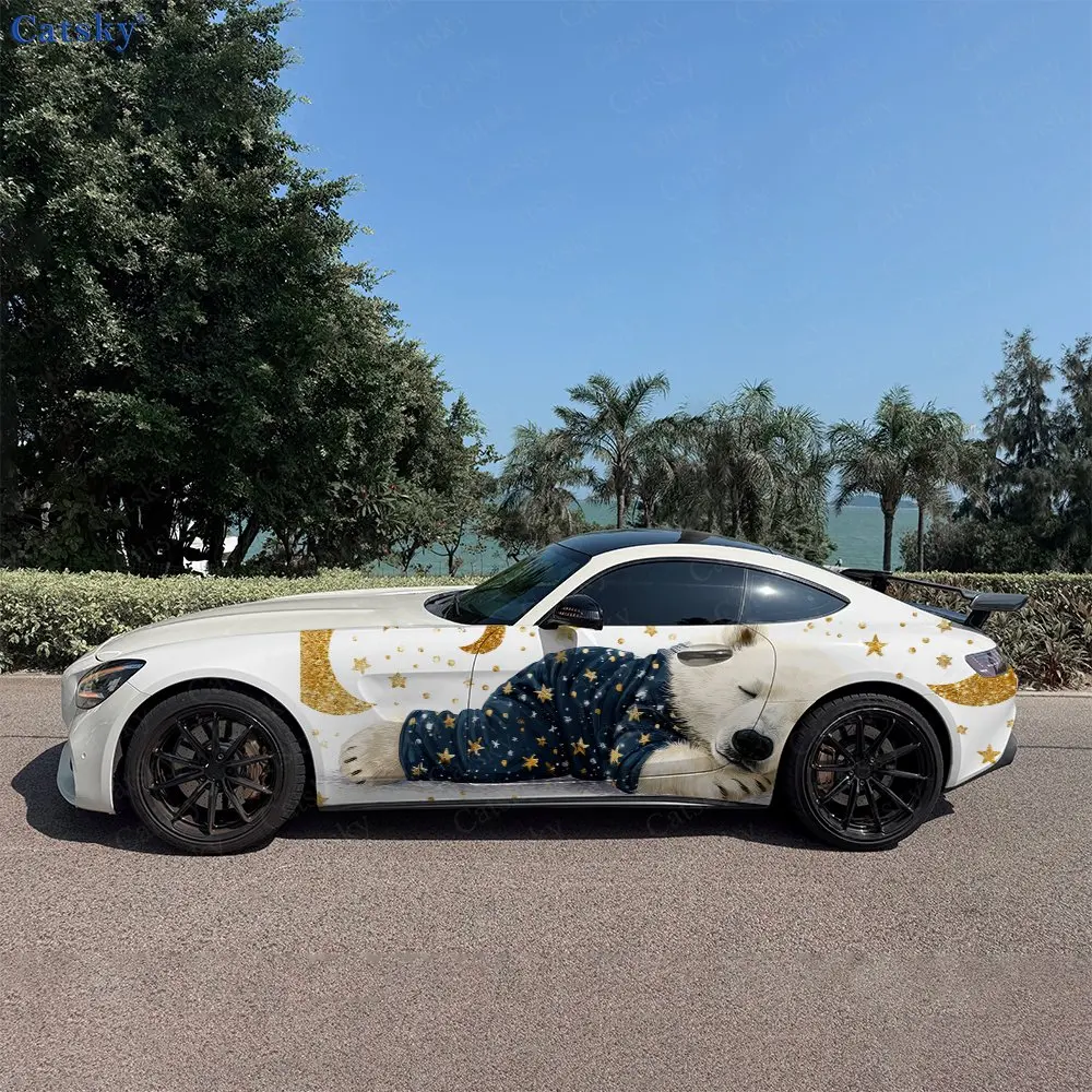 2pcs Star Moon Sleeping Cute Beast Car Side Wraps, Self-Adhesive PVC Waterproof & Scratch-Resistant Stickers, Car Accessory Gift