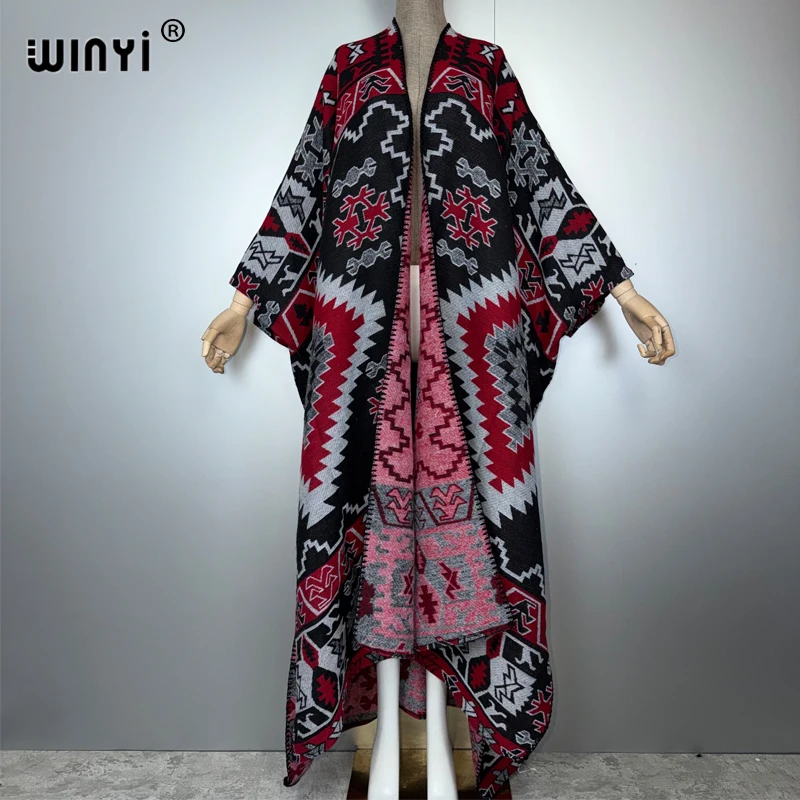 

WINYI зимний кардиган с африканским принтом, женская свободная куртка, теплое кимоно, длинное пуховое пальто, модное праздничное платье-пончо Абая на Ближнем Востоке
