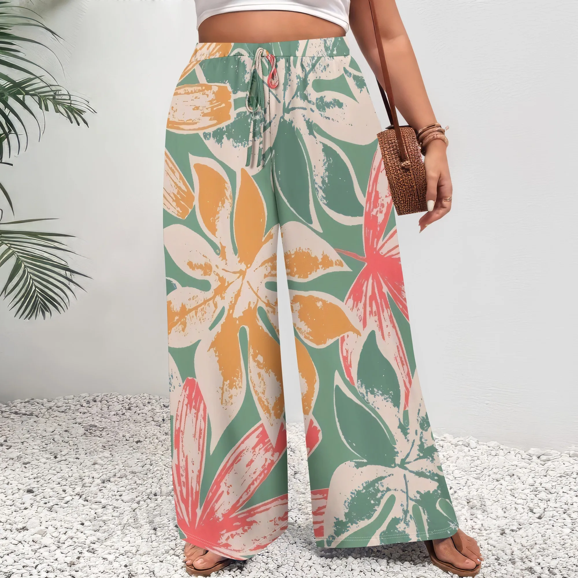 

Plus Size Women's Wide Leg Pants Tropical Floral Print Elastic Waist Loose Casual Summer Vacation Trousers