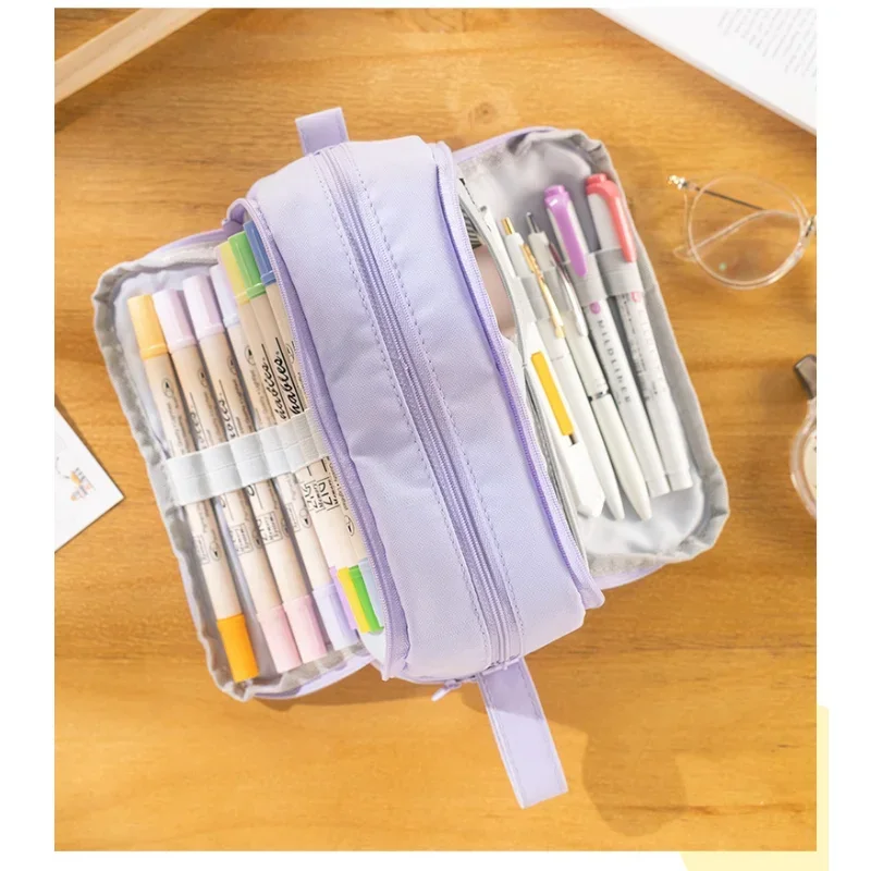 Multi Pocket Multi Layer Canvas Large Capacity Solid Color Simple Pen Case Pencil Case Students School Stationery Supplies