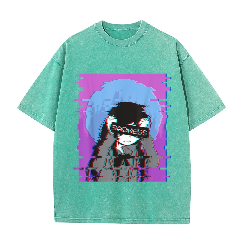 Sad Anime Girl Japanese Aesthetic Vaporwave Otaku T-Shirt Top Clothing Y2k Large Printed Cotton Purple Short Sleeve Tee Men