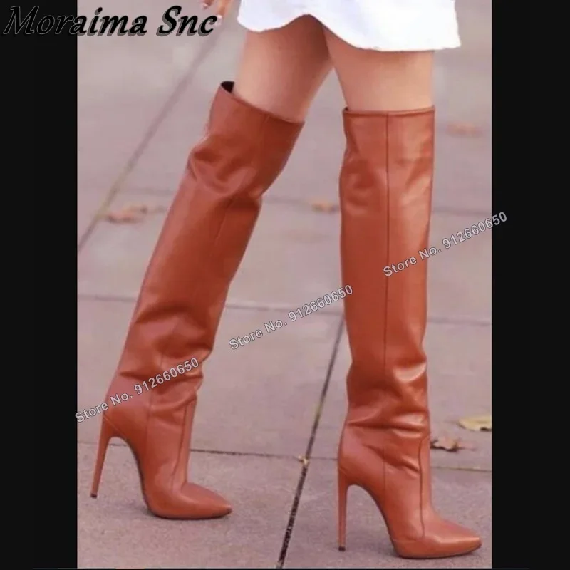 

Moraima Snc Brown Over the Knee Matte Leather Boots for Women Knee High Boots Stilettos High Heels Fashion Runway Shoes on Heels