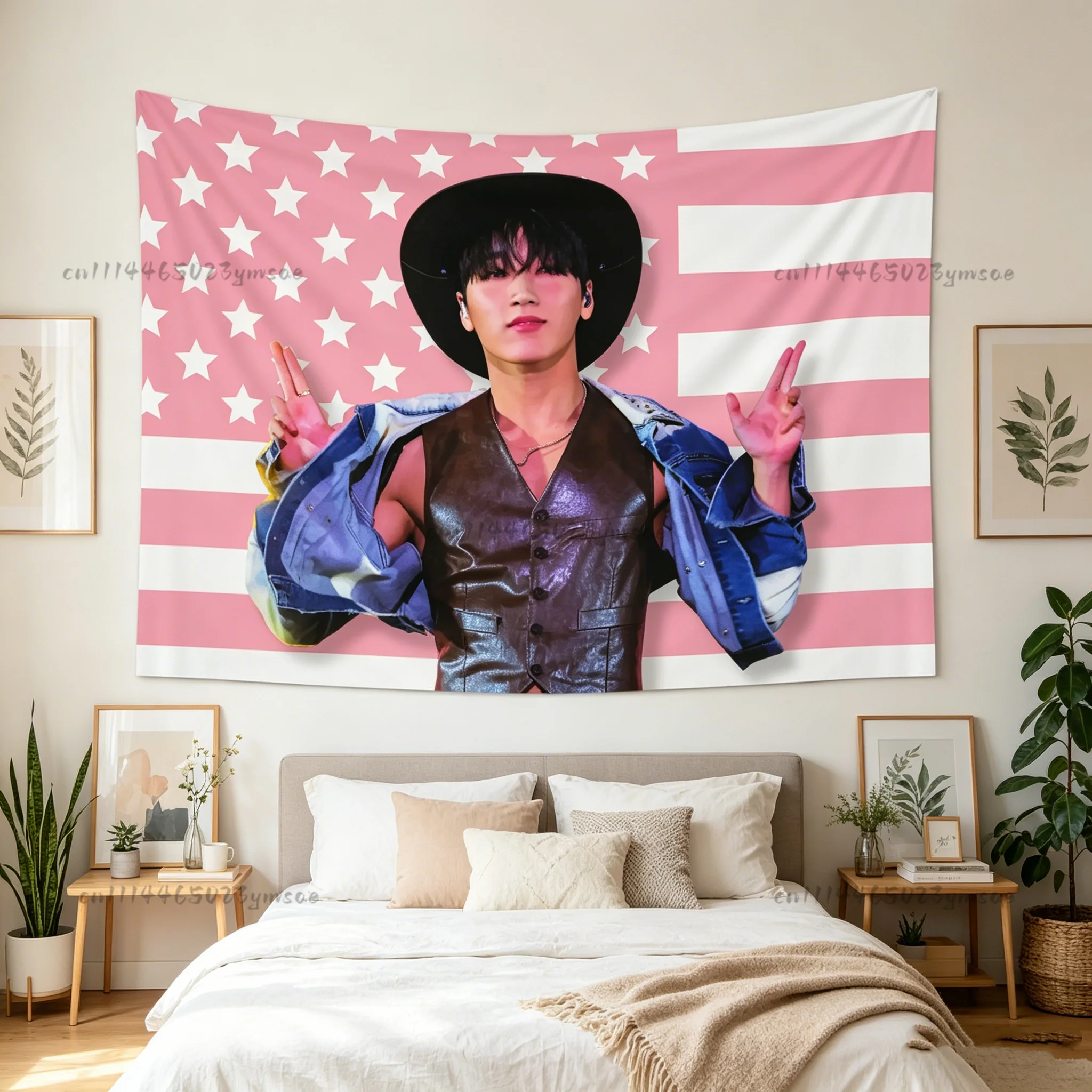 Kpop Star Poster Wall Tapestry A-Ateez-San Cowboy Pink American Flags Tapestries Bedroom Wall Hanging Background Cloth Fans Gift