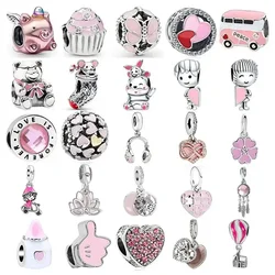 New Fashion Love Heart Bear Pig Butterfly Cake Pink Series Beads Fit Original Charms Bracelets Women DIY Jewelry Gift