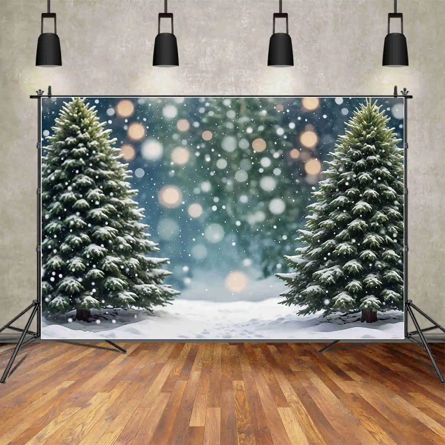 MOON.QG Christmas Outdoor Backdrops Children Field Winter Snow Pine Trees Backgrounds Custom Party Decoration Photo Shoot Props