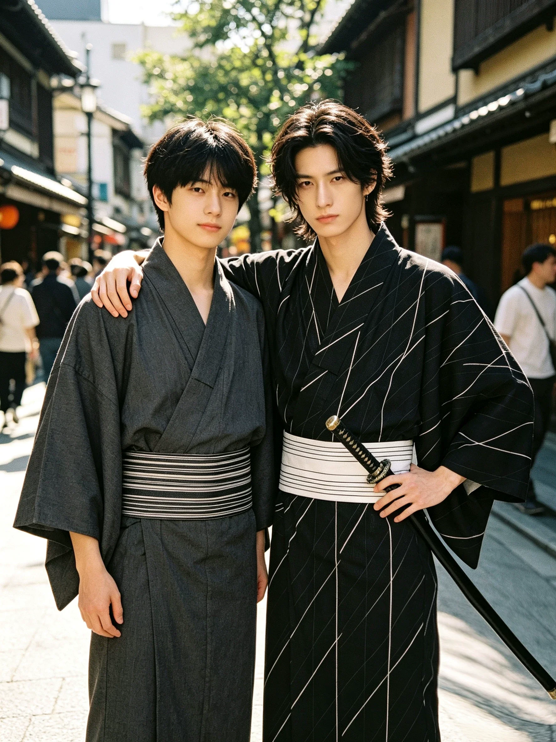 Men's Black Japanese Samurai Yukata With Belt Traditional Kimono Costume for Photo Shoots, Cosplay & Film Props