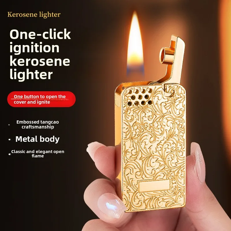 

Transparent Visible Oil Window Open Flame Lighter Retro Metal Flint Cigarette Windproof Lighter Smoking Accessories Men's Gift