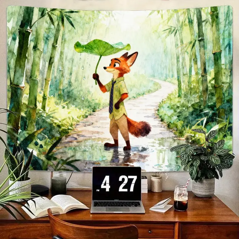 

1 шт. акварельная лиса с листяным зонтиком, гобелен, бамбуковый лес, настенное искусство, эстетический декор комнаты, подарок для гостиной, спальни, общежития