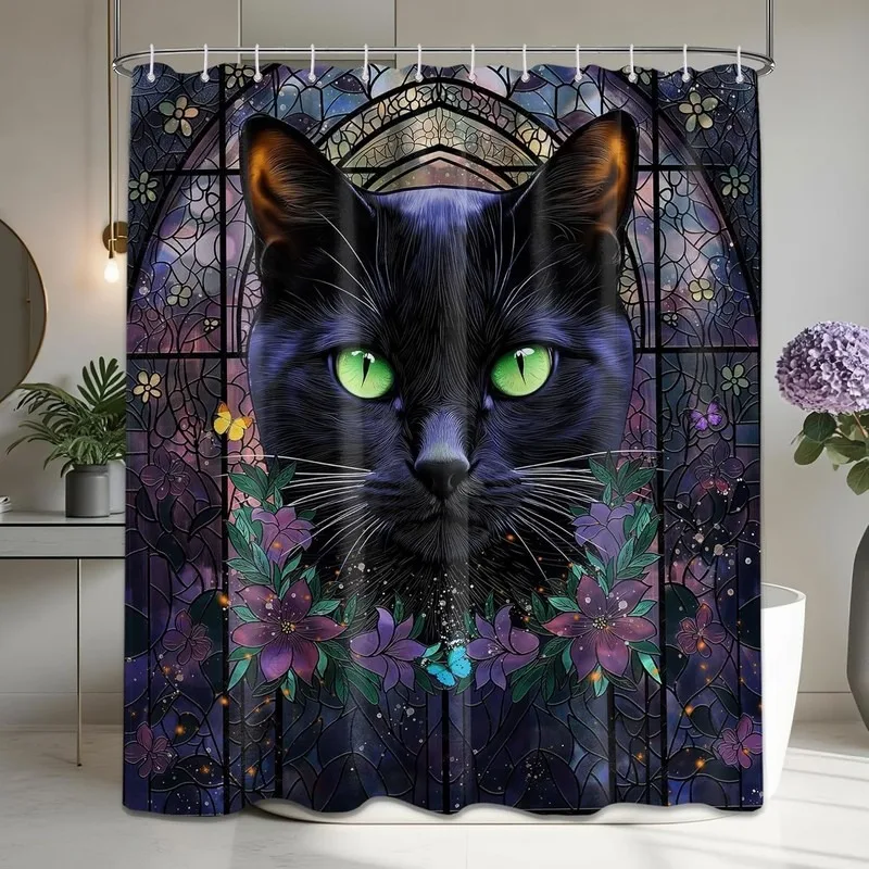 Retro Dreamy Bathroom Shower Curtain Stained Glass Green Eye Black Cat Purple Flower Butterfly Print Waterproof No