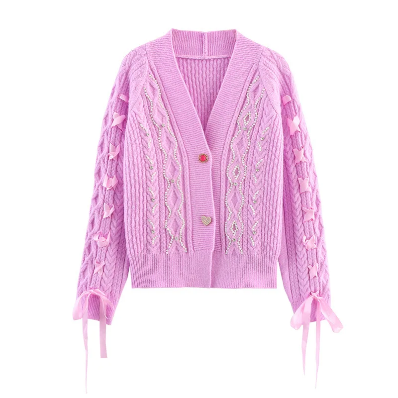 2026 Autumn Style Women's Fashion Casual Loose Corded Knit Sweater Pink Knitted Sweater With Bowknot Details For Women R55G