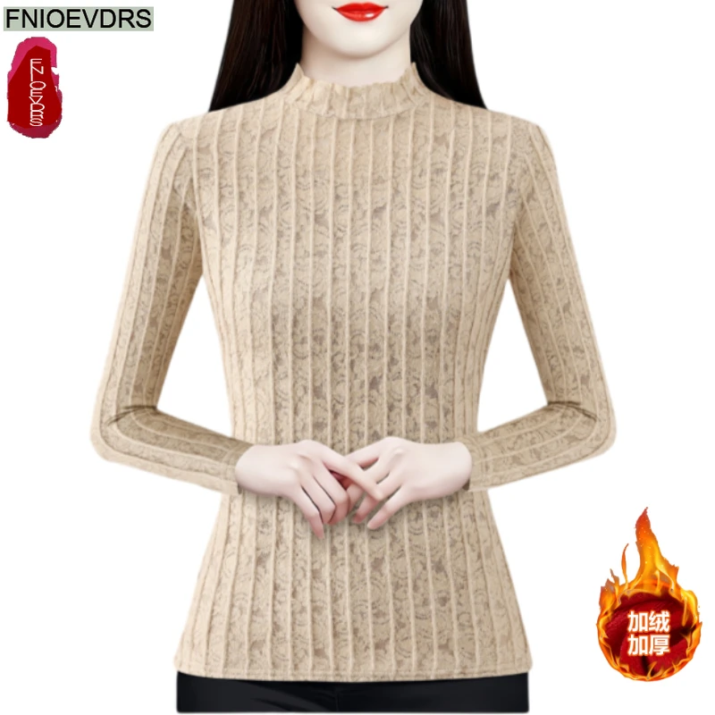 

Winter Warm Thick Basics Lace Shirts New Year 2026 Woman Long Sleeve Slim Tops Office Lady Half Turtleneck Purple Velvet Blouses