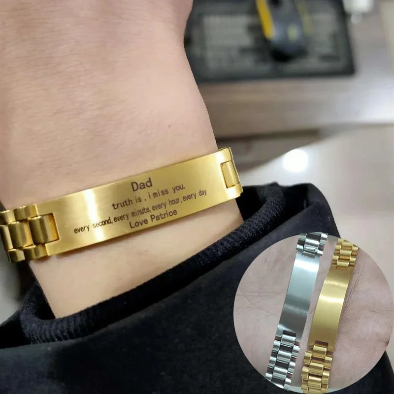 

Stainless Steel Mens ID Bracelets 15mm Wide ID Tag Bracelets Personalized Engraving Laser Name Date Bracelets Custom Watch Chain