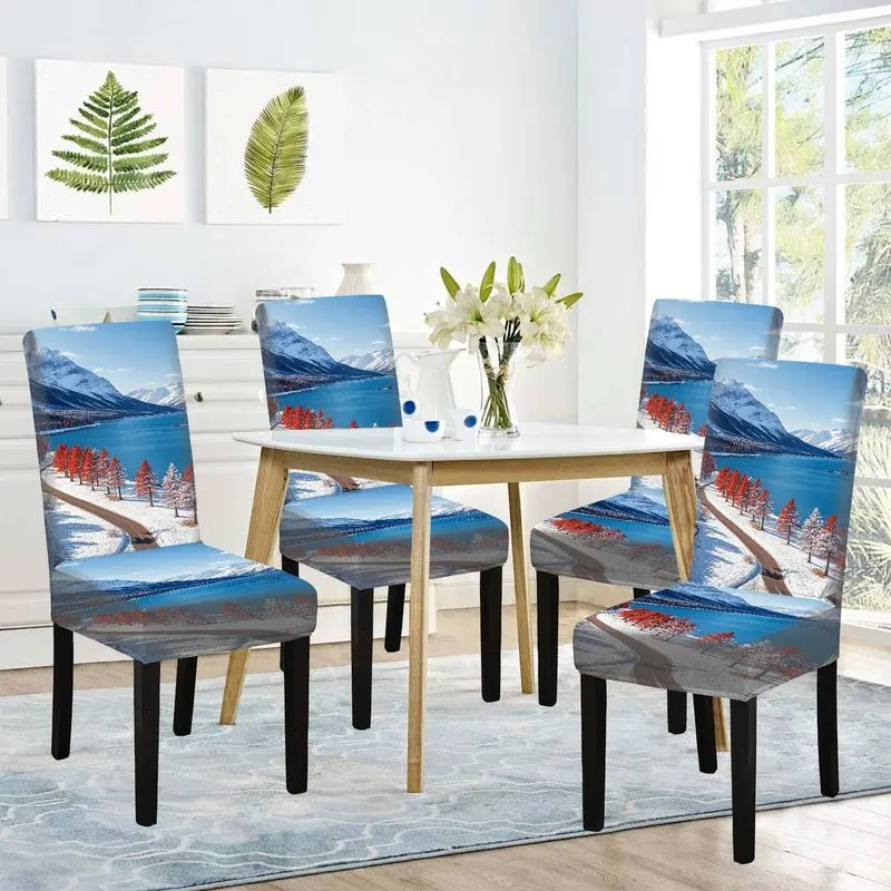 

Elastic Restaurant Chair Cover Pine Lake Snow Mountain Pattern Machine Washable Furniture Protective Cover for Home Decor