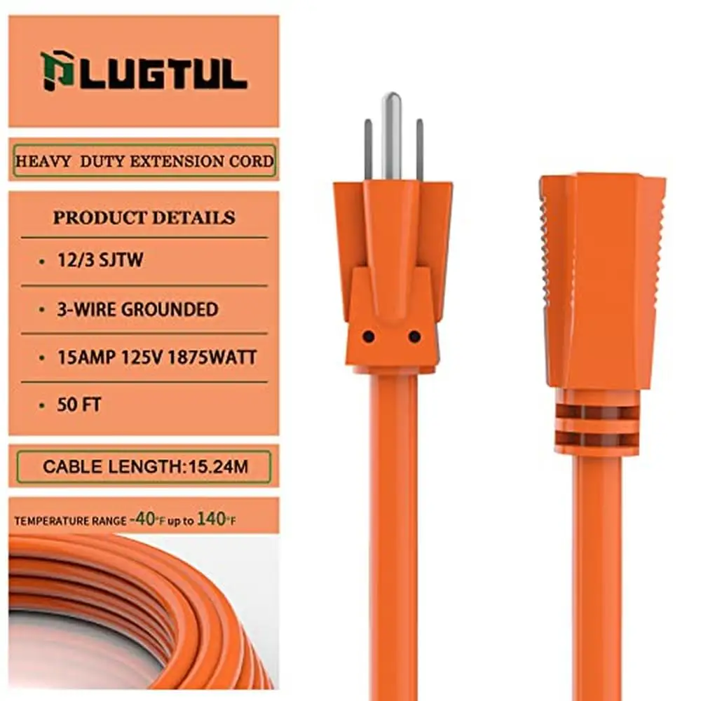 50ft Heavy Duty 12 Gauge Waterproof SJTW Extension Cord 15A 1875W ETL Listed All Purpose Outdoor Cord Garden and Home Yard Work