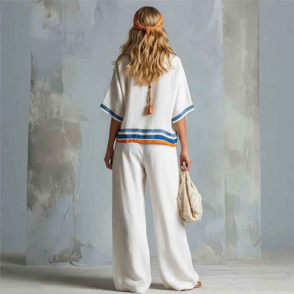 Fashion Color Block Striped Short-sleeved Tops Women's Suit Summer New Casual Retro Loose Wide-leg Trousers 2-piece Set Female