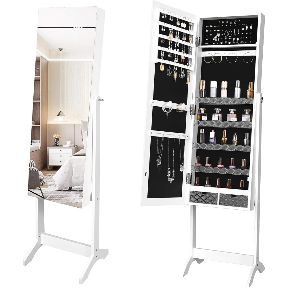 2 in 1 Jewelry Cabinet with Full Length Mirror, Standing Large Capacity Jewelry Armoire Organizer with 2 Drawers