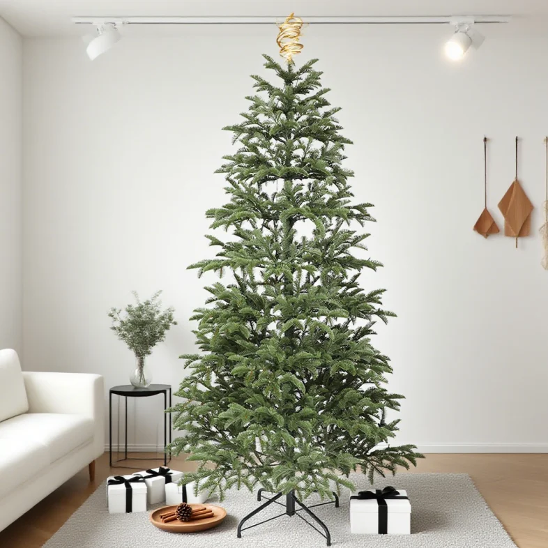 

Artificial green pure PE Christmas tree with warm white light, perfect for holiday decorations