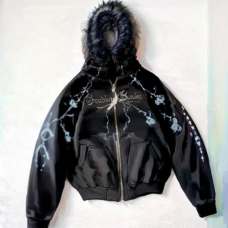 

Y2k Harajuku Fairycore Millennium персонализированный принт винтажная эстетичная молния съемная волосатая шляпа толстовка с длинными рукавами