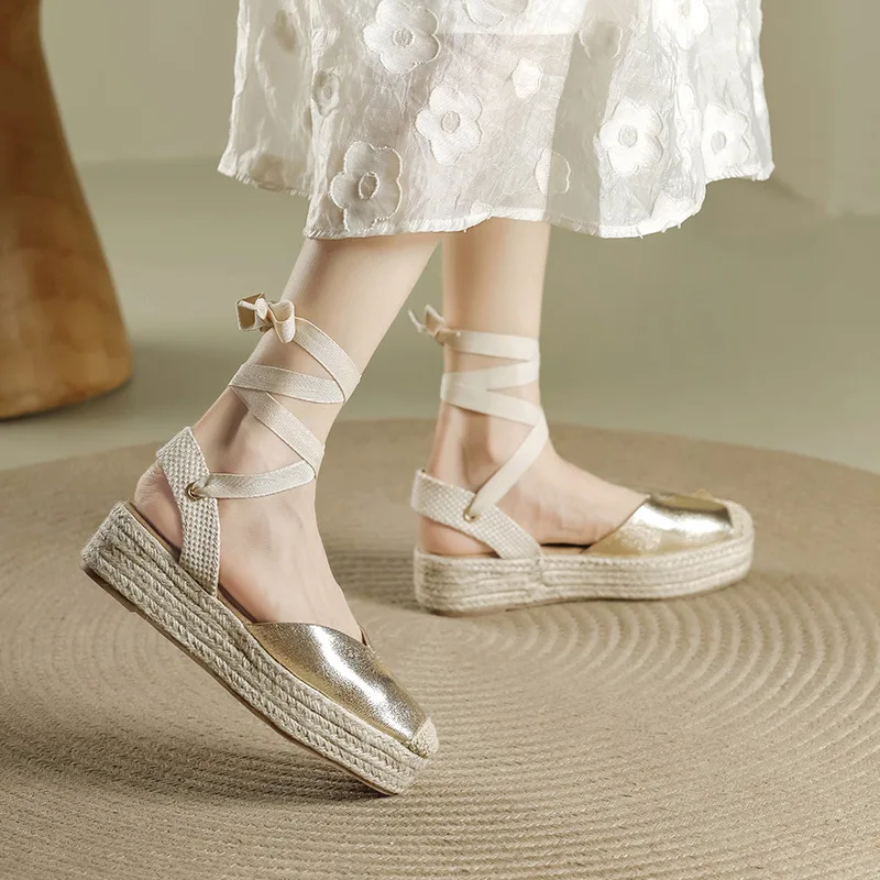 Large Size High Heel Sandal for Women Big High-heeled Hemp Fabric Rubber PU Slides Hoof High Heel Sandal for Women Large Size H