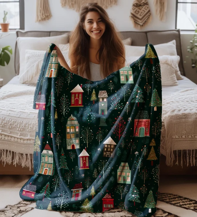 Cozy Christmas Village Velveteen Plush or Sherpa Blanket Green & Red Holiday Houses Winter Throw Blanket Cottagecore Xmas Decor