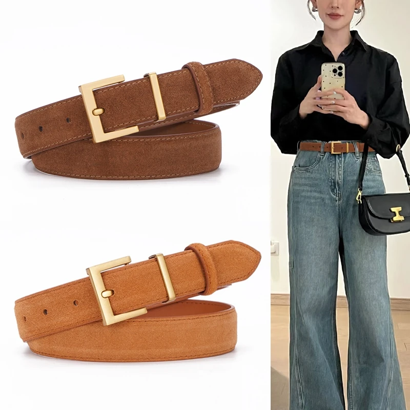 New Luxury Belts for Women,  Ancora Red Cowhide Suede Belts and Square Alloy Buckle for Casual Fashion