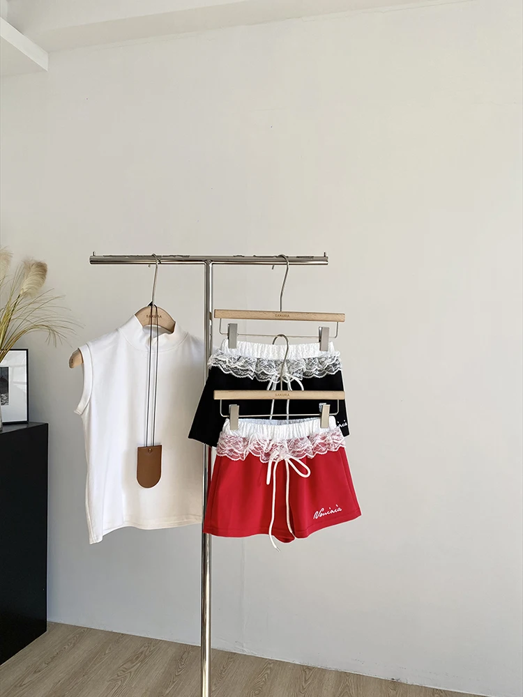 

Female Casual Vintage Style Shorts Summer Letter Loose Sports Shorts Women High Waist Lace Patchwork Sweet Shorts